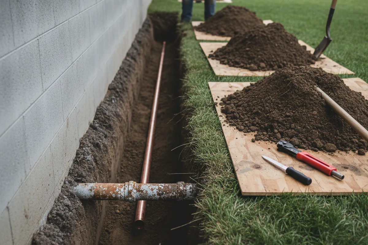 Excavated water line trench during Sewer Line Repair in North Weymouth